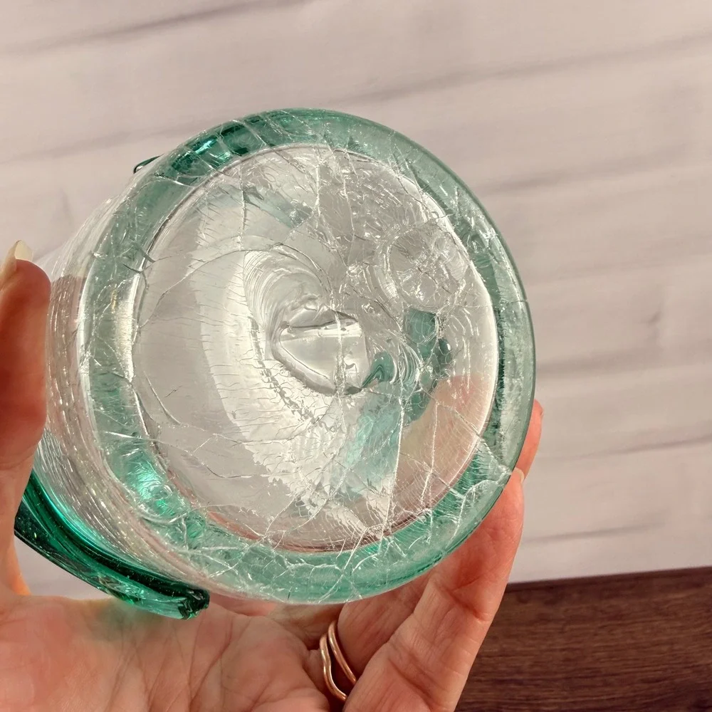 Blenko 366SL Leaf Beaker Vase Sea Green Crackle Glass Mid Century